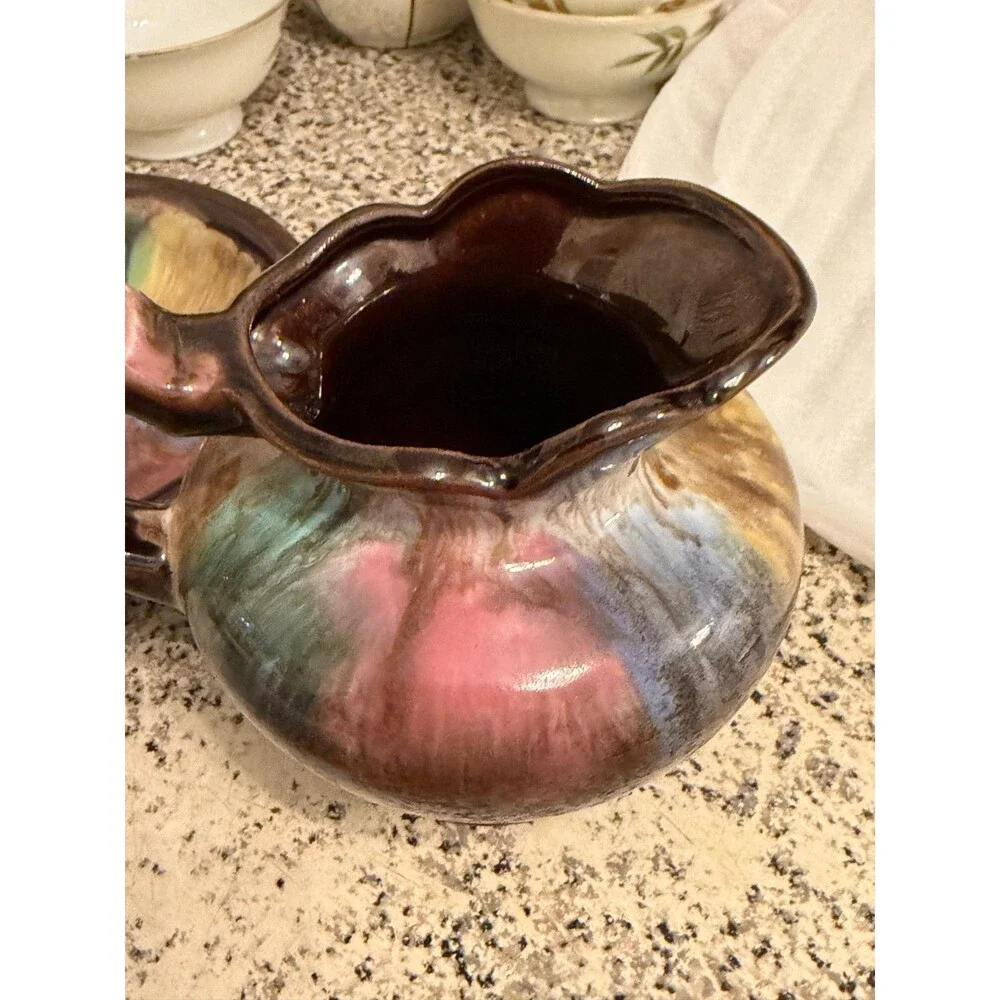 Japanese Creamer Pitcher and Bowl Iridescent Drip Glaze MCM Vintage